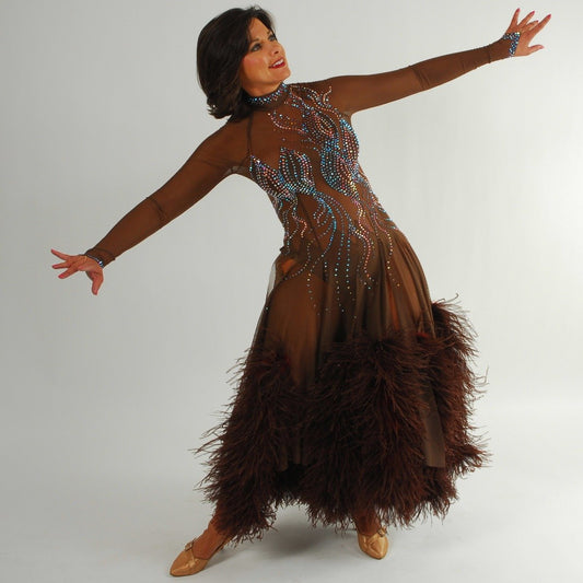 Crystal's Creations brown ballroom dress created of brown sheer mesh illusion with detailed Swarovski rhinestone work in aqua Abs & brown ostrich feathers