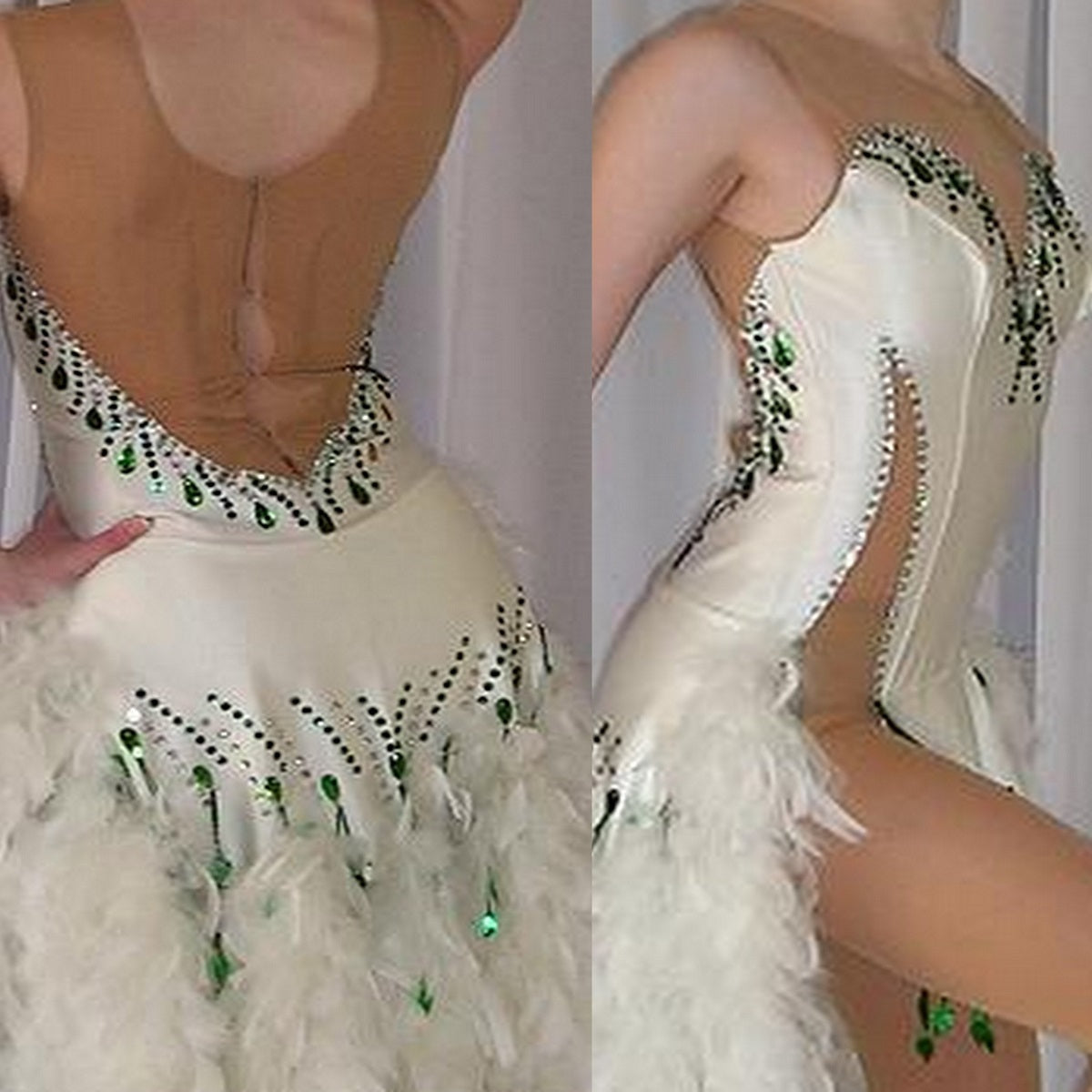 close up view of White Latin/rhythm dress created of white heavy lycra on a nude illusion base with white chandelle feathers & embellished with crystal and emerald green Swarovski rhinestone work. 