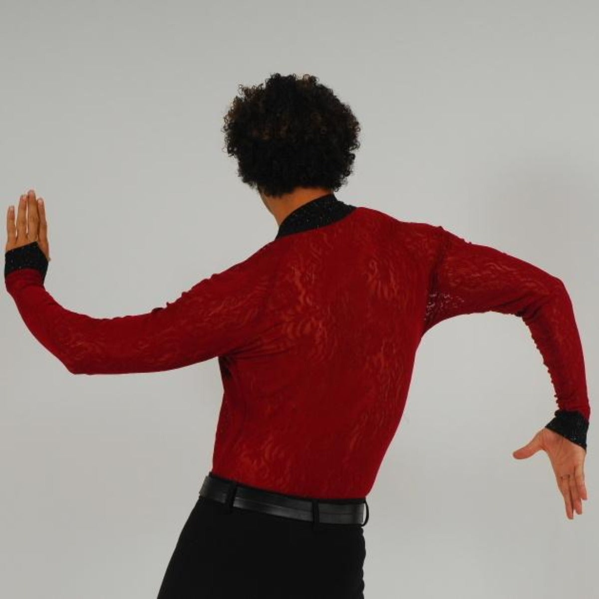 Crystal's Creations back view of men's deep red Latin shirt