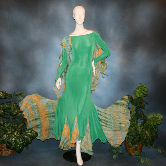 Crystal's Creations Gorgeous green ballroom dress created in luxurious solid slinky fabric with printed chiffon of greens, with gold accents insets. Very full around bottom...can be a beginner ballroom dancer smooth or standard dress.