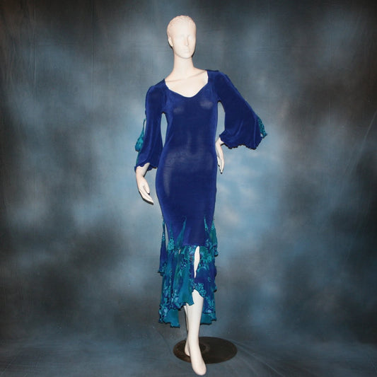 Crystal's Creations Royal blue Latin/rhythm style social ballroom dress was created in luxurious & rich deep royal blue solid slinky fabric with tropical print flounces in shades of royal blues & turquoise….only one of exact print.  A great social dress for any special occasion, as well as a great beginner show dress!
