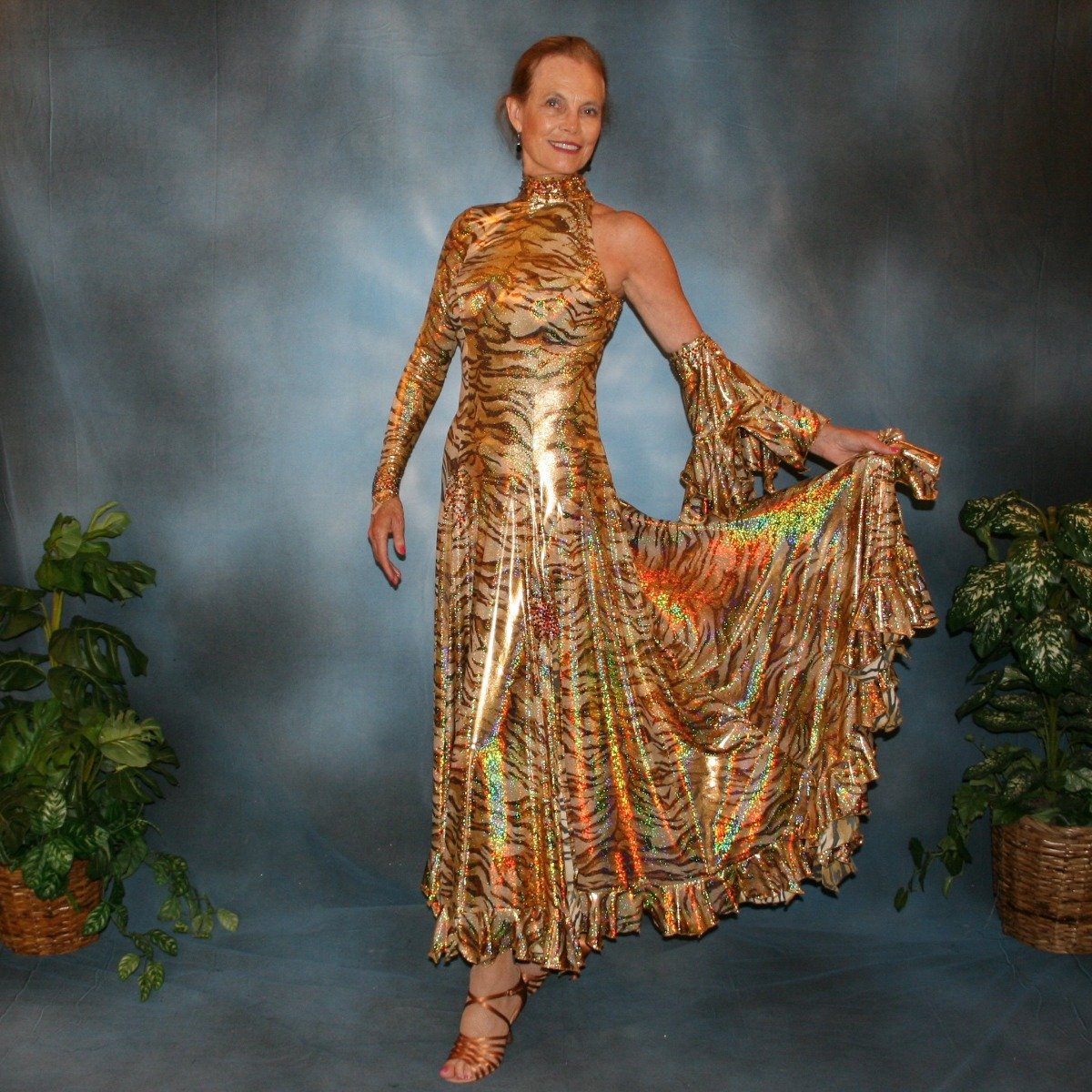 Crystal's Creations gold hologram tiger print tango dress with many flounces & volcano colored Swarovski rhinestone work size 5/6-9/10