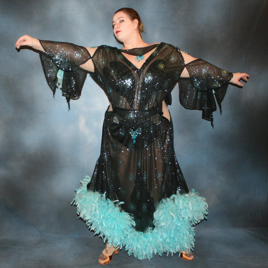 Black Plus Size Ballroom Dress with Light Turquoise Accents, Feathers and Hand Beading-Starburst