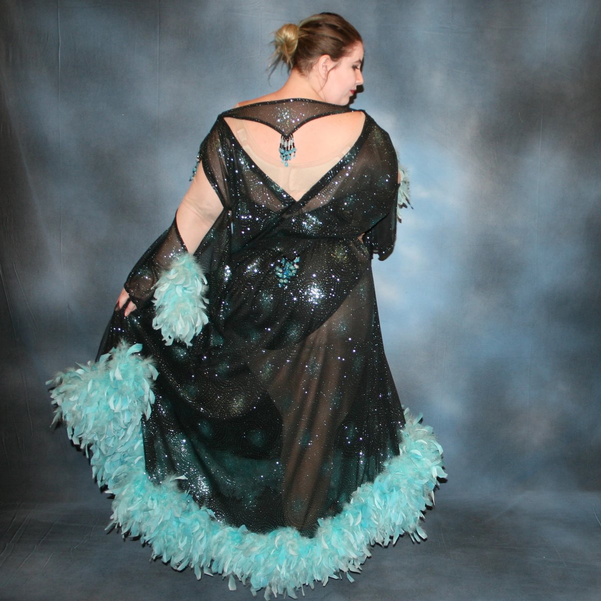 Black Plus Size Ballroom Dress with Light Turquoise Accents, Feathers and Hand Beading-Starburst
