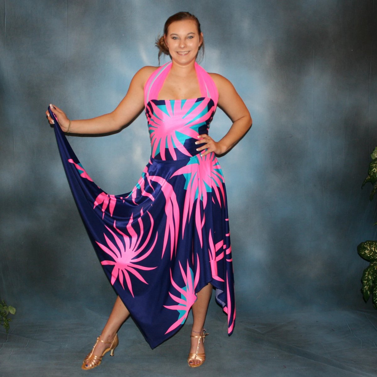 Halter bodysuit with scarf detail & flair star shaped ballroom dance skirt created in deep blue print lycra with bubble gum pink & light blue starbursts, great for any ballroom dance, practice, ballroom teachers or social event!