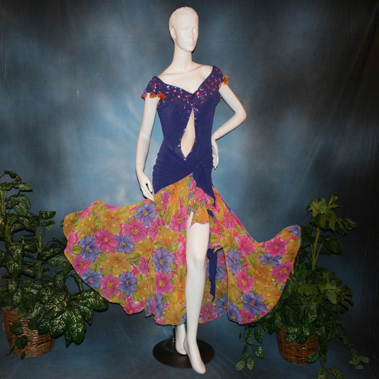 Crystal's Creations Converta ballroom dress featuring a Latin/rhythm dress created in luxurious deep perwinkle solid slinky with lots of flounces in accents of a floral chiffon in yellow with pinks & purples 