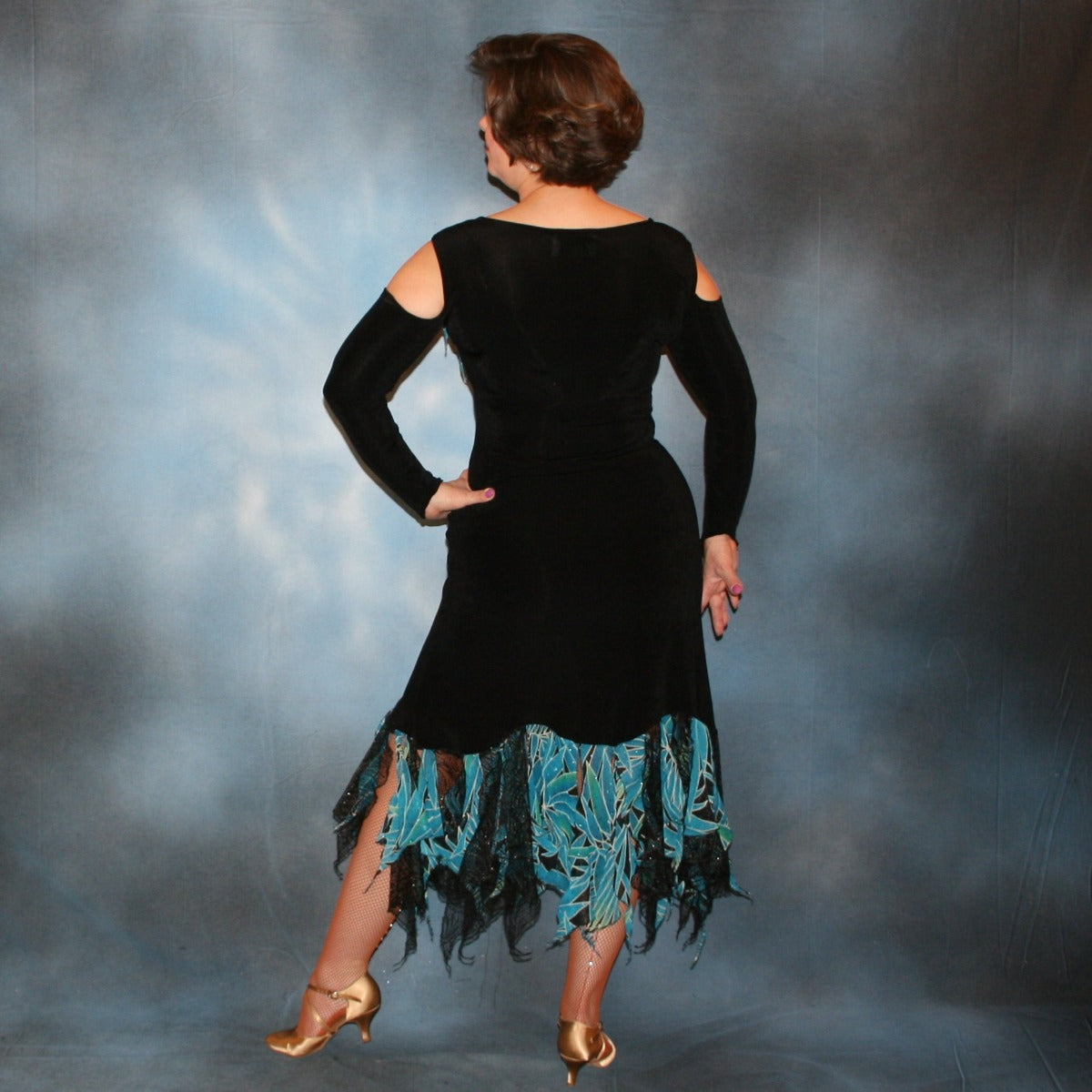 Crystal's Creations back view of black converta ballroom dress created in luxurious black slinky with turquoise, green & black tropical print