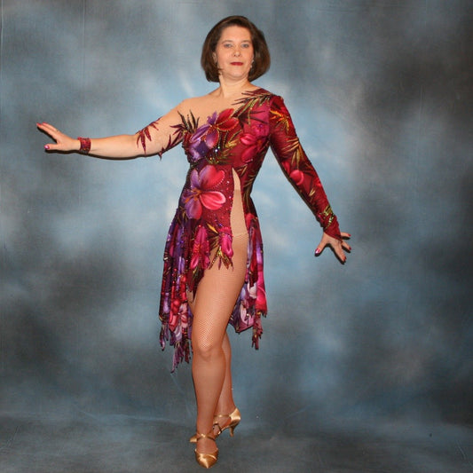 Crystal's Creations Tropical print Latin/rhythm dress created in tropical print lycra in burgundies & purples on a nude illusion base, embellished lavishly with Swarovski rhinestone work in burgundies, purples, orchids & a touch of the greens & golds tha