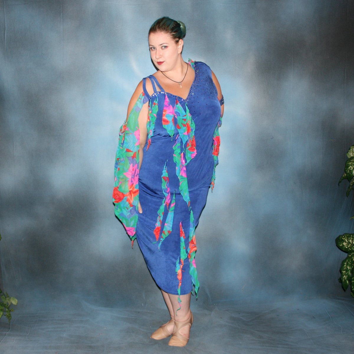 Blue Plus Size Latin-Rhythm Dress with Tropical Print Accents-Tropical Fun