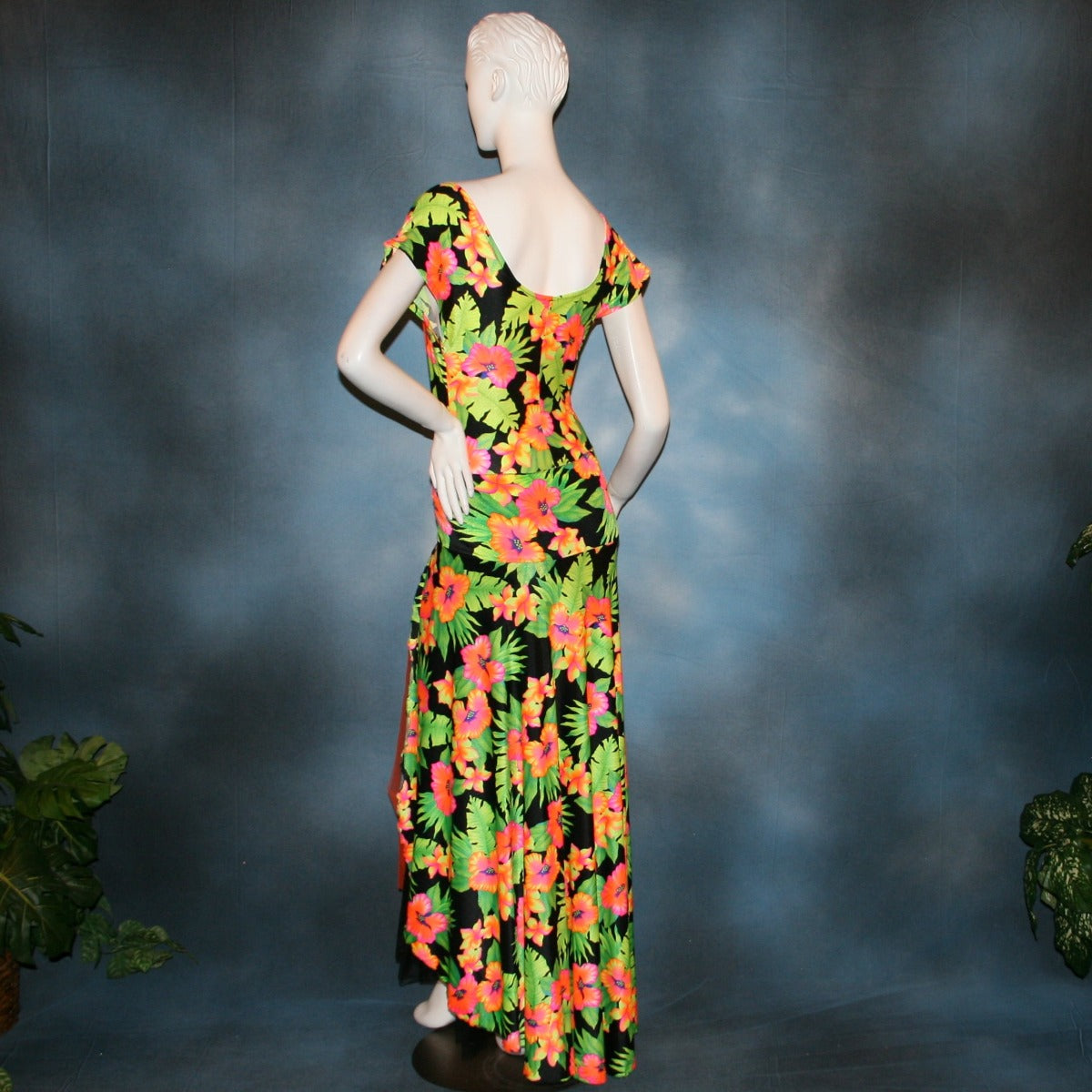 back view of tropical print bodysuit & ballroom skirt