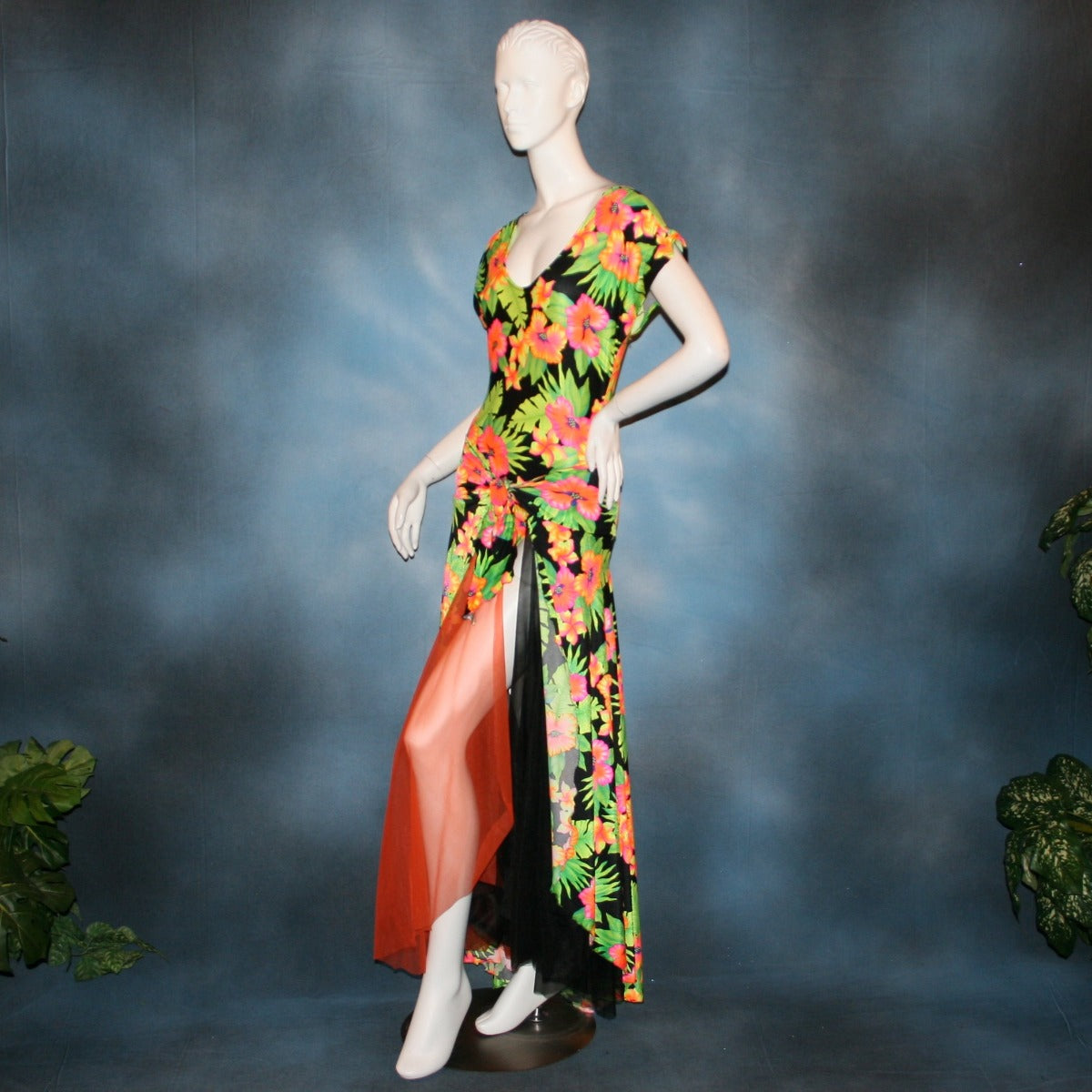 side view of tropical print bodysuit & ballroom skirt