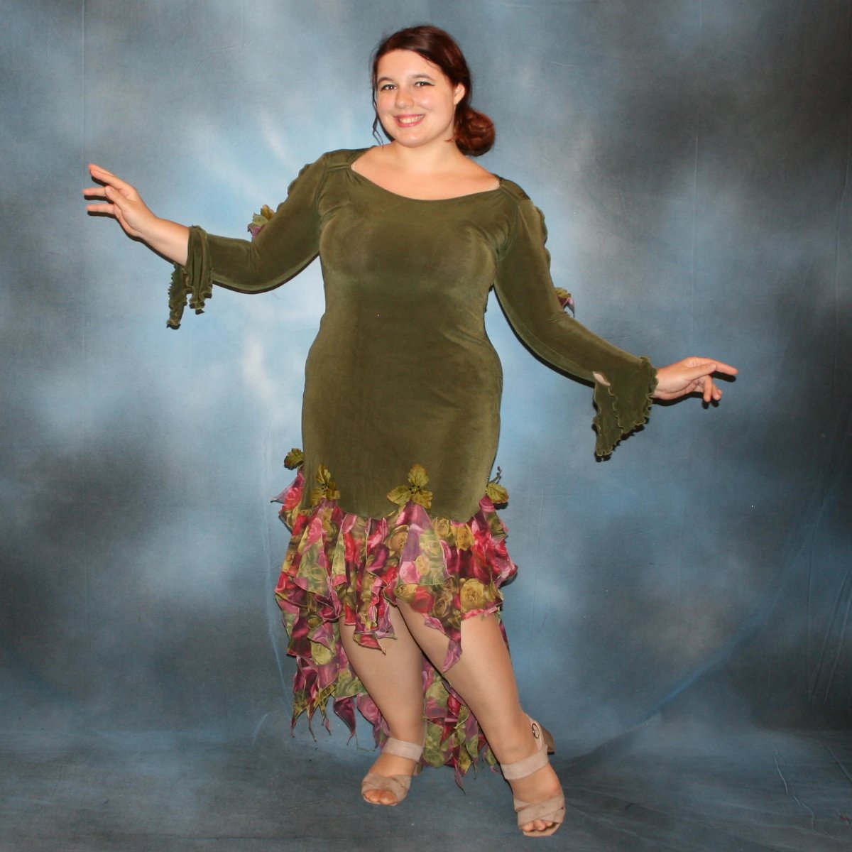 Crystal's Creations Green ballroom social dance dress created in luxurious olive green solid slinky fabric with chiffon flounces of roses pattern in burgundies & deep pinks, embellished with silk leaves & a touch of Swarovski rhinestones.