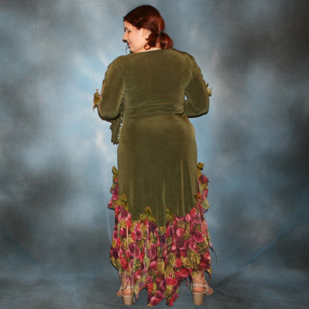 back view of Green ballroom social dance dress created in luxurious olive green solid slinky fabric with chiffon flounces of roses pattern in burgundies & deep pinks, embellished with silk leaves & a touch of Swarovski rhinestones.