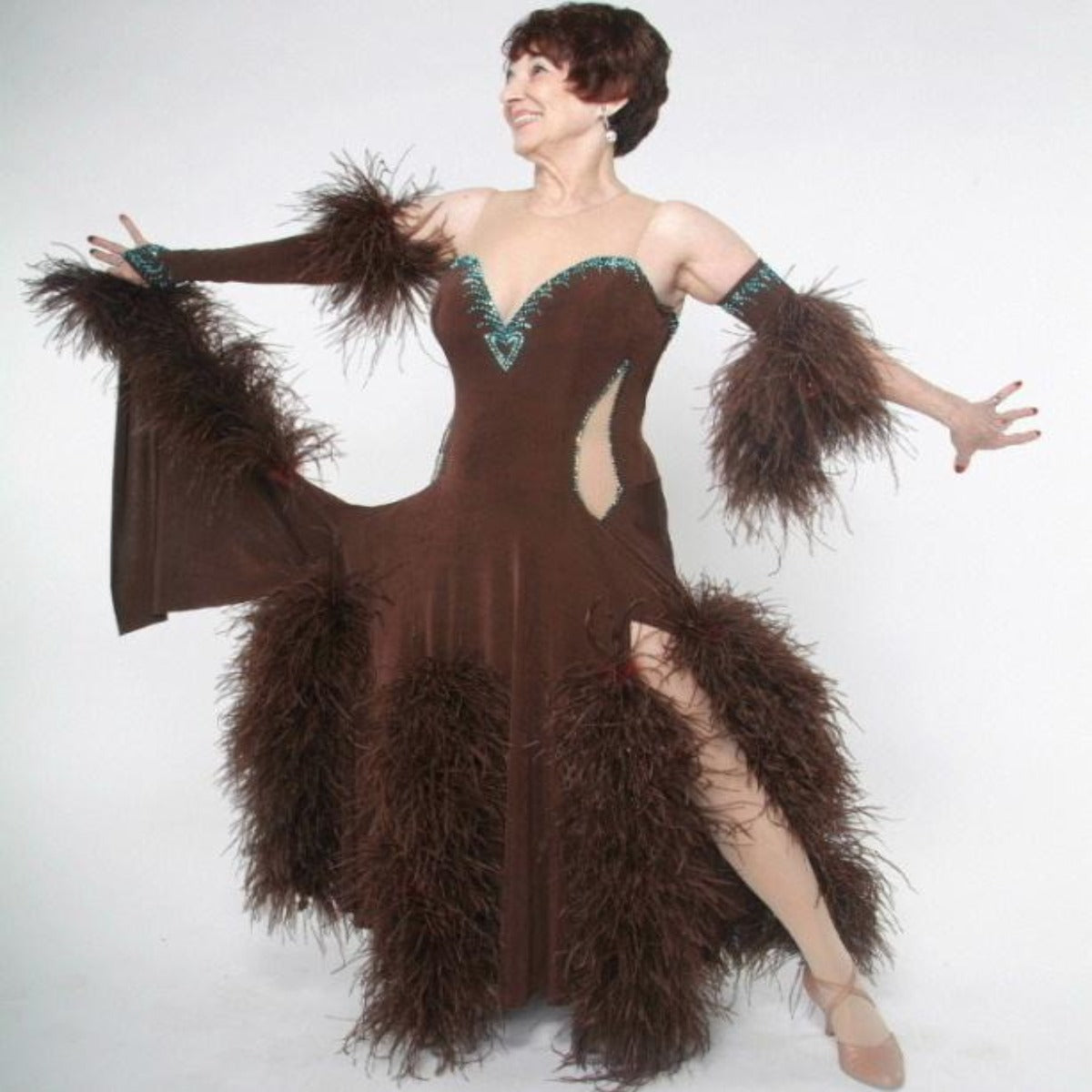 Crystal's Creations brown ballroom dress with feathers
