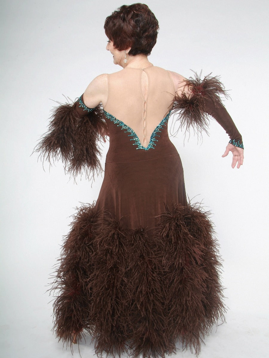Crystal's Creations back view of brown ballroom dress with feathers