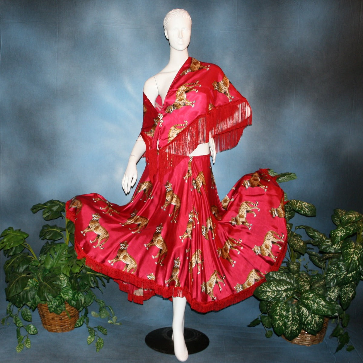 Crystal's Creations red ballroom skirt & shawl created in red satin with cheetah print