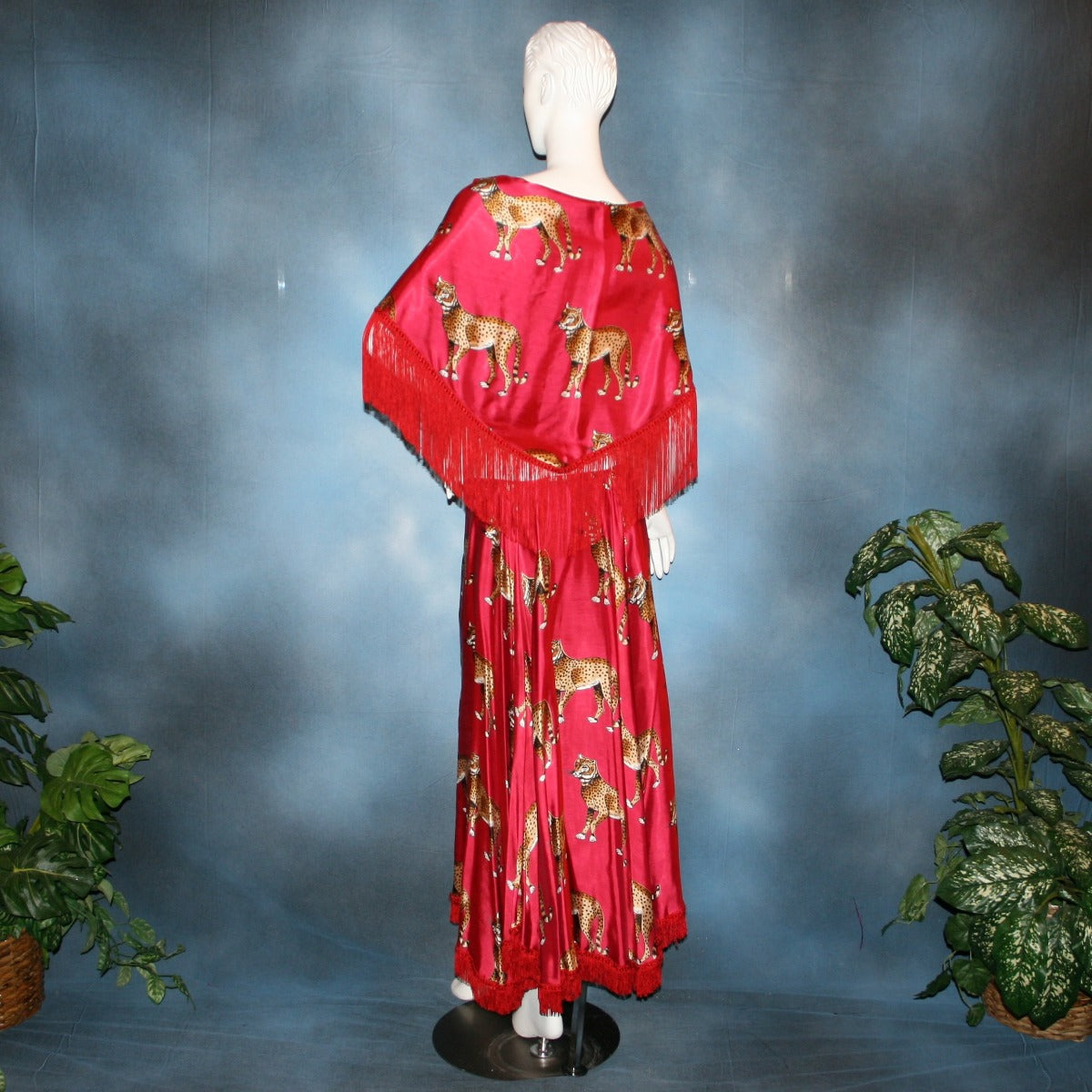 Crystal's Creations back view of red ballroom skirt & shawl created in red satin with cheetah print