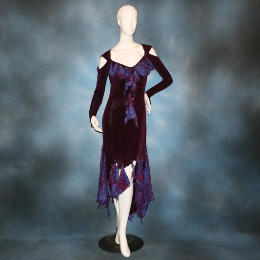 Social ballroom dance dress created in luxurious wine solid slinky fabric with flounces of deep scarlette & wine printed & dazzling chiffon, with Swarovski hand beading. A great social dress for any ballroom dance or special occasion, as well as a great beginner ballroom dance show dress!