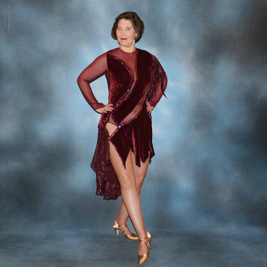 Crystal's Creations Burgundy stretch velvet Latin/rhythm dress created on burgundy stretch mesh base with rose patterned clip/cut chiffon, is embellished with burgundy, fuchsia, antique rose, & orchid Swarovski rhinestone work & a touch of Swarovski hand beading.