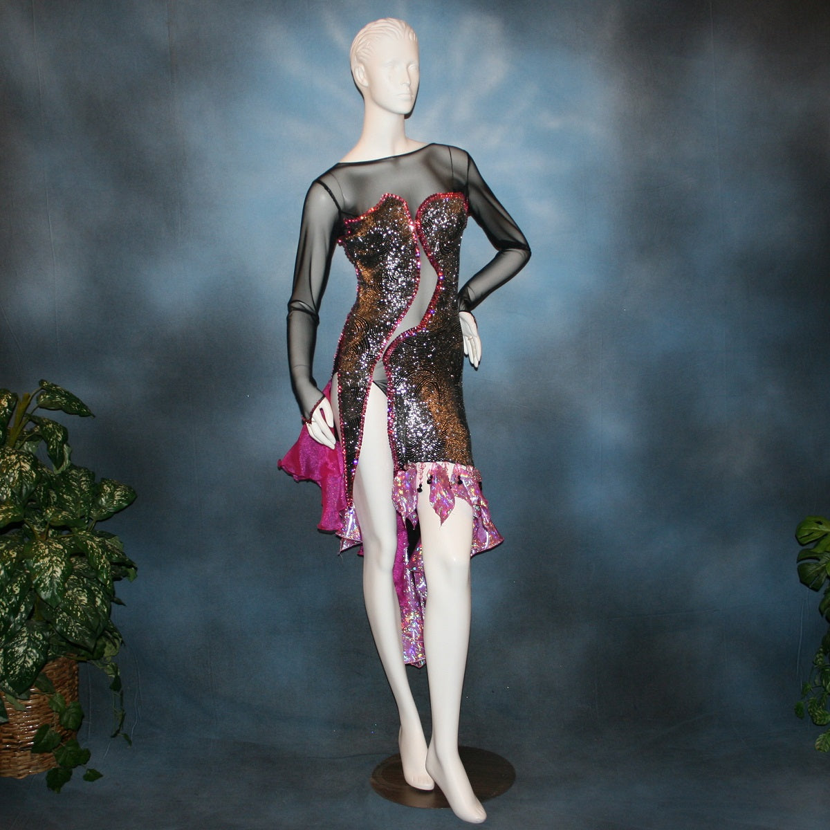 Crystal's Creations Black & silver Latin/rhythm dress with pink accents created of gorgeous silver swirls on black glitter slinky on a sheer stretch mesh base, embellished with pink Swarovski rhinestone work & hand beading
