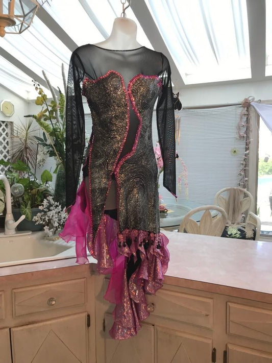 Crystal's Creations Black & silver Latin/rhythm dress with pink accents created of gorgeous silver swirls on black glitter slinky on a sheer stretch mesh base, embellished with pink Swarovski rhinestone work & hand beading