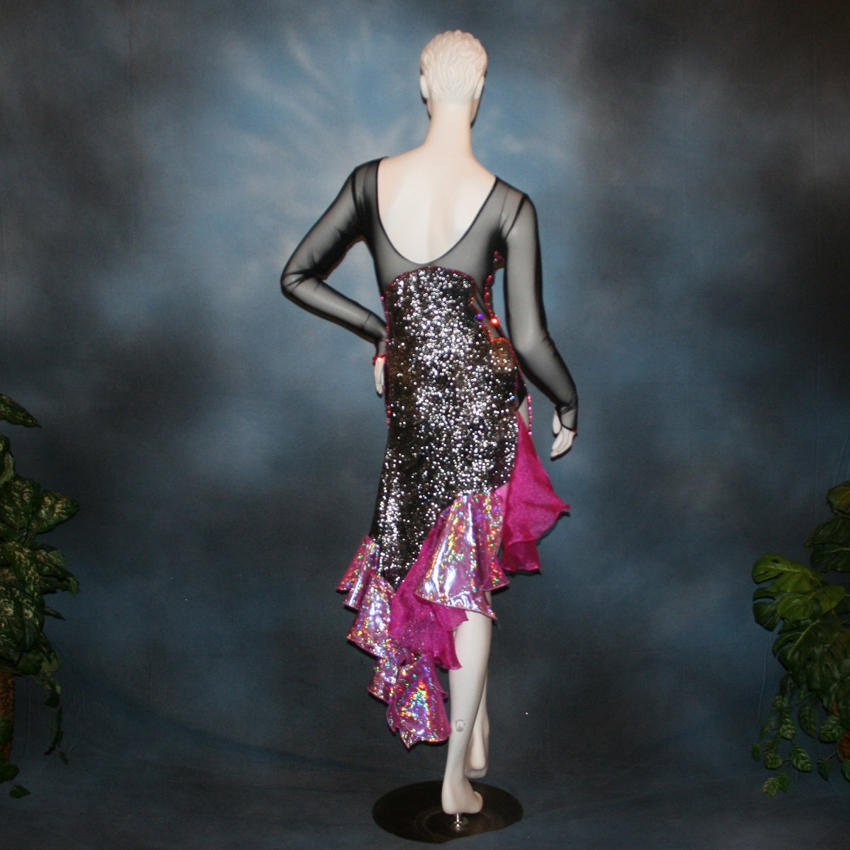 Crystal's Creations back view of Black & silver Latin/rhythm dress with pink accents created of gorgeous silver swirls on black glitter slinky on a sheer stretch mesh base, embellished with pink Swarovski rhinestone work & hand beading