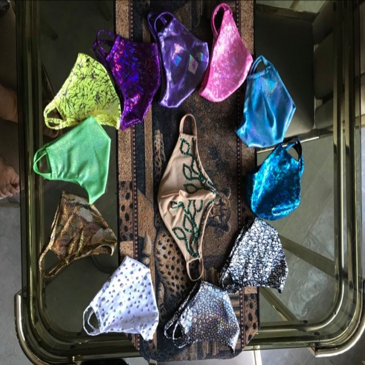 Crystal's Creations set of 11 hologram masks & one skin toned mask with Emerald green Swarovski rhinestone work