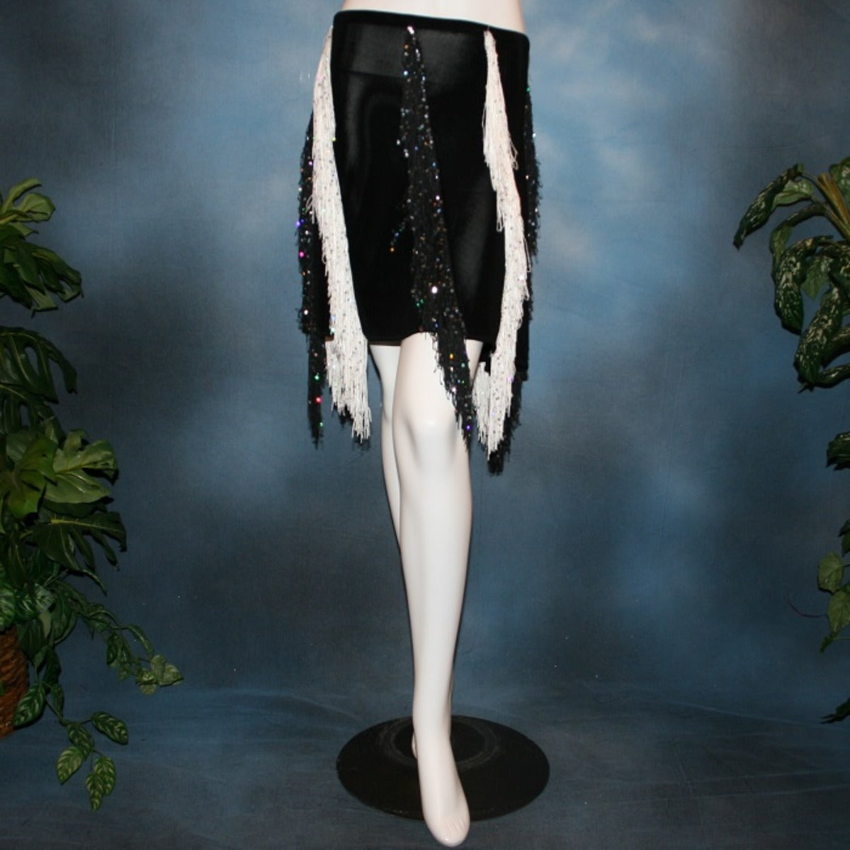 Crystal's Creations Black & white Latin/rhythm skirt created of luxurious black solid slinky with vertical rows of black & white hologram sequined fringe, would pair greatly with a simple black bodysuit....or a custom created bodysuit or two would be fabulous for versatility, one on the simple classic side & one fabulously ornate with Swarovski rhinestone work!   