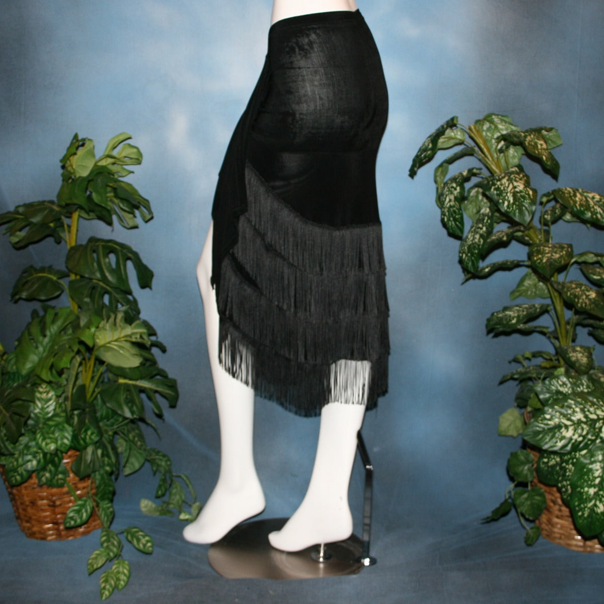 Crystal's Creations back view of Black fringy hip wrap Latin/rhythm skirt, was created of luxurious black solid slinky, with 4 rows of black chainette fringe.