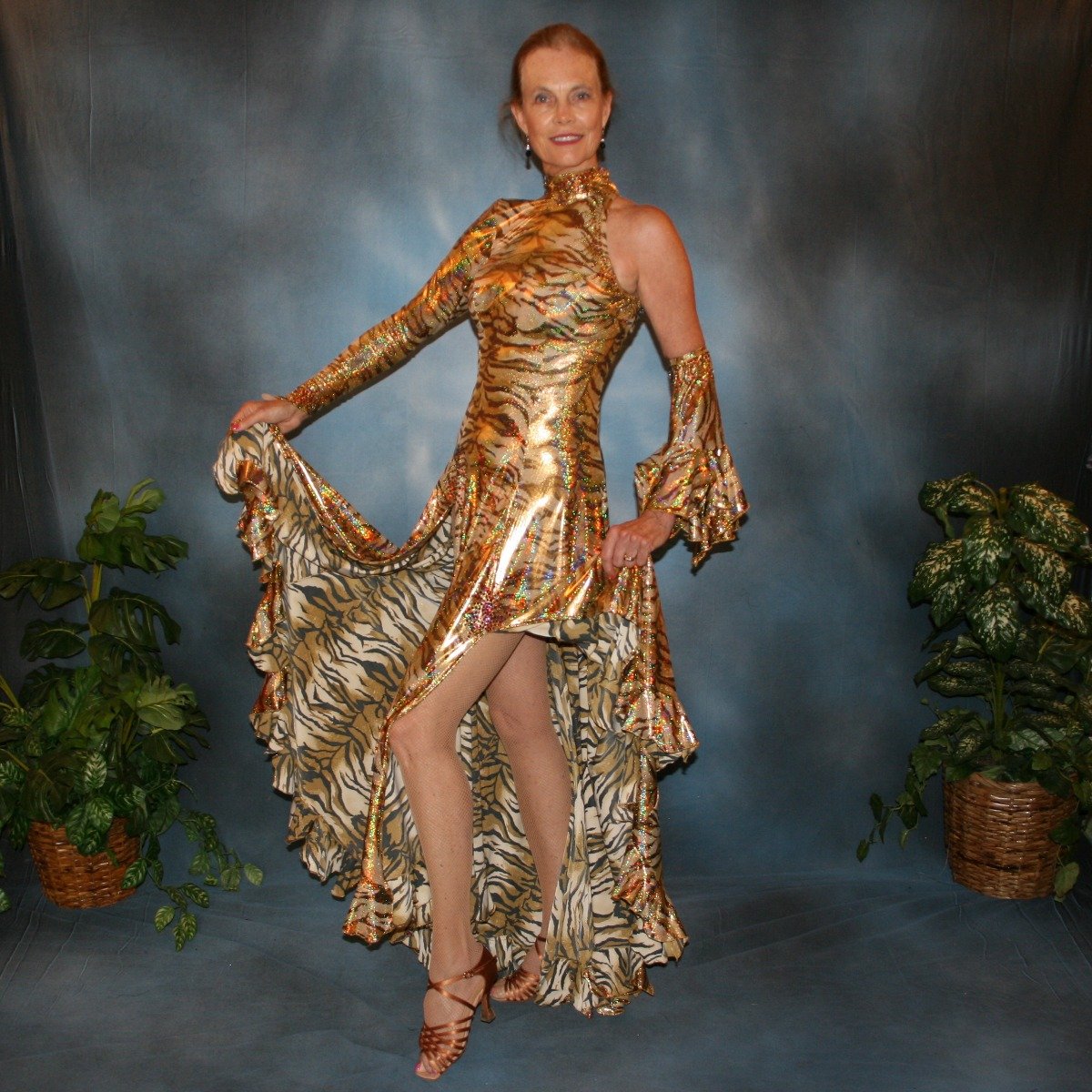 Crystal's Creations gold hologram tiger print tango dress with lot's of flounces & volcano colored Swarovski rhinestone work